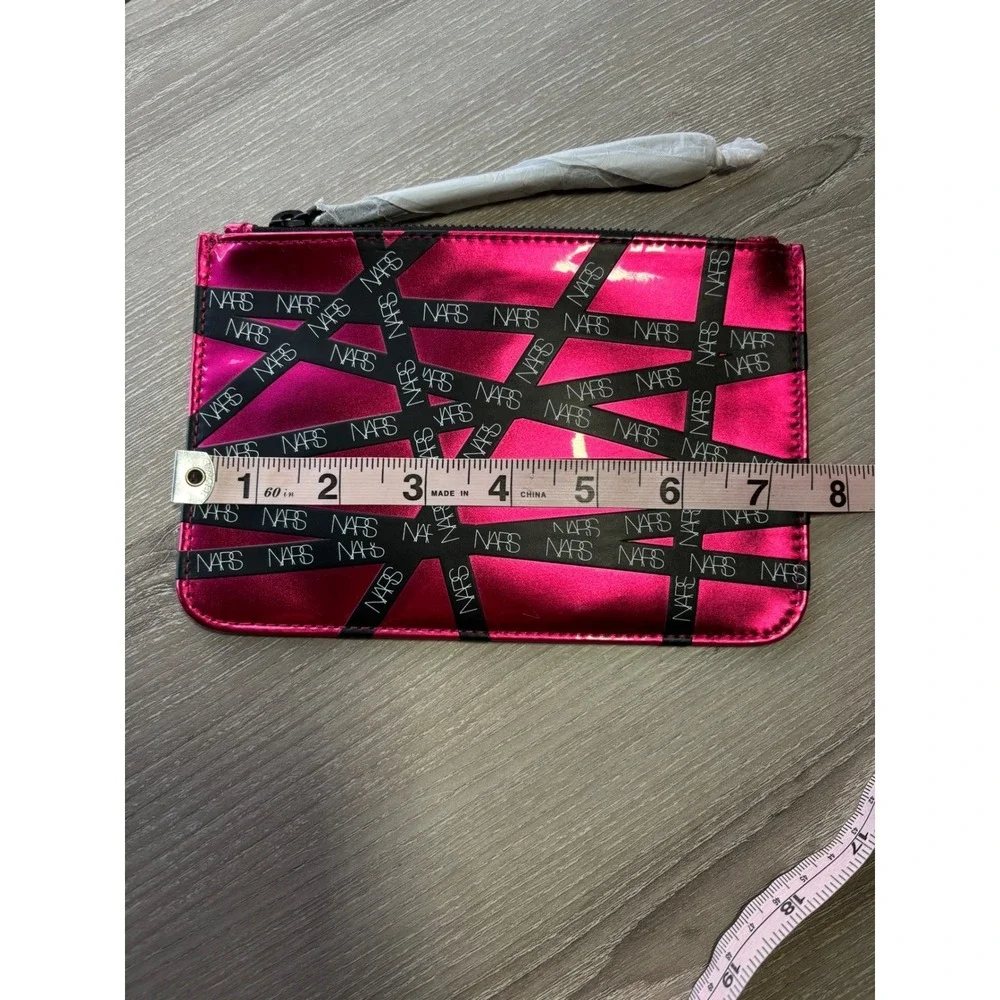New NARS Metallic Fuchsia Pink Makeup Bag Black Ribbon Logo Print Cosmetic Pouch